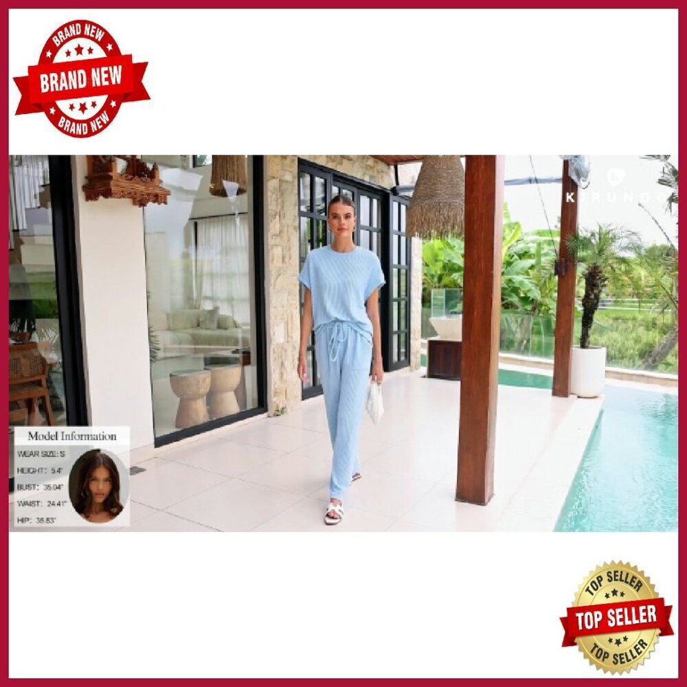Ribbed Knit Lounge Set: Short Sleeve Top & Wide Leg Pants - Picture 8 of 8